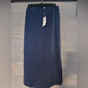 NWT The Cause Collection 100% Silk Midi Skirt Navy Side Zip Elastic Back